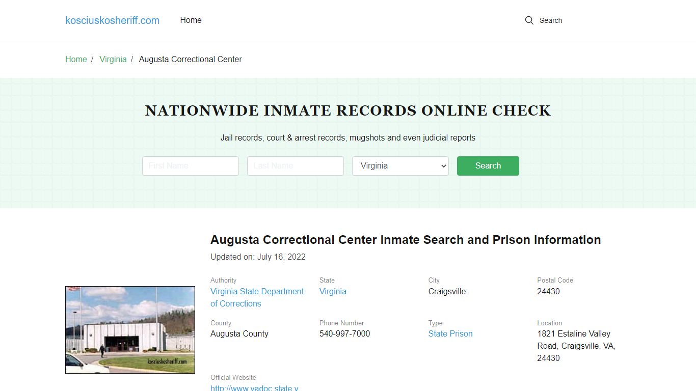 Augusta Correctional Center Inmate Search, Visitation, Phone no ...