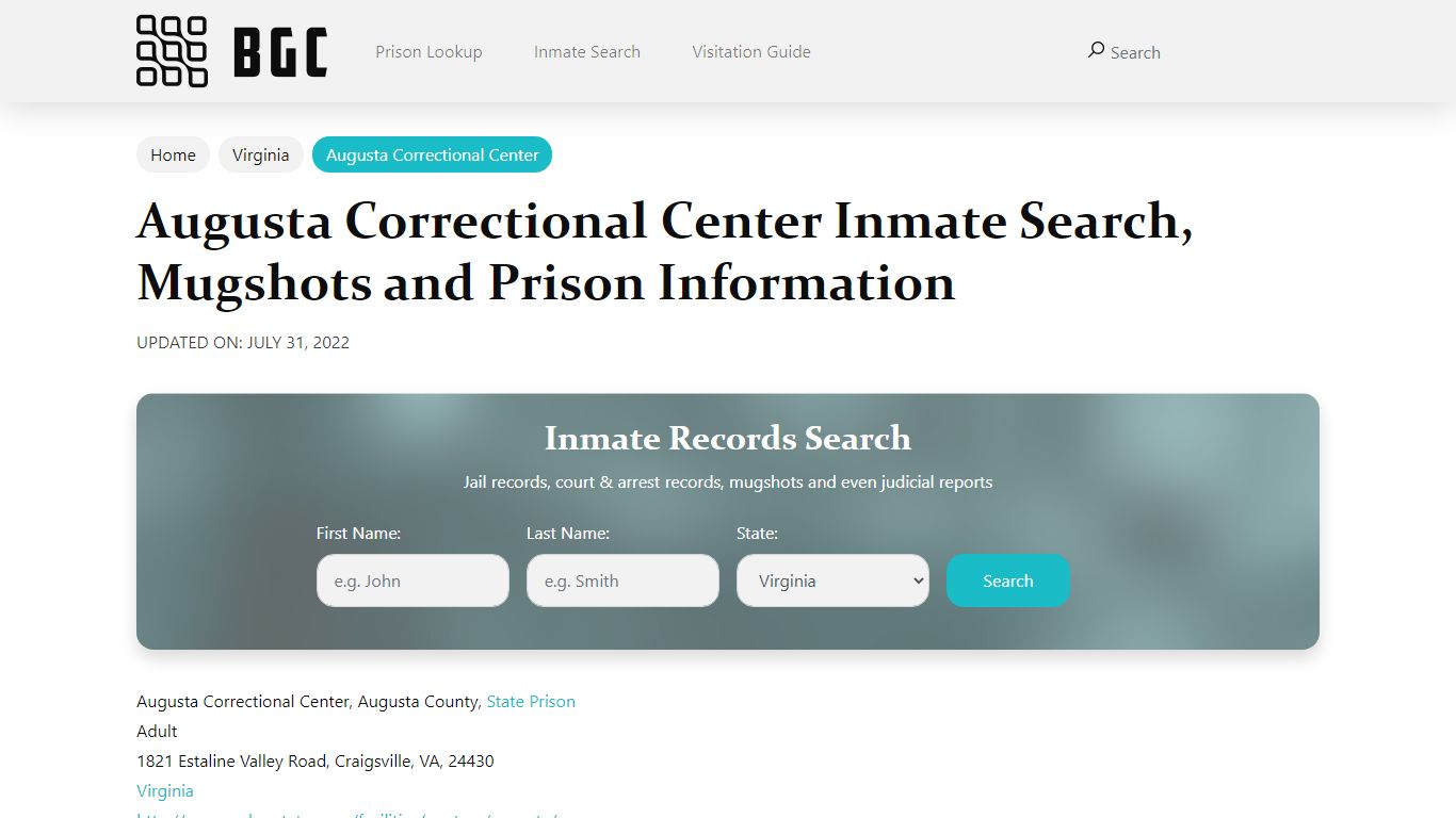 Augusta Correctional Center Inmate Search, Mugshots , Visitation, Phone ...